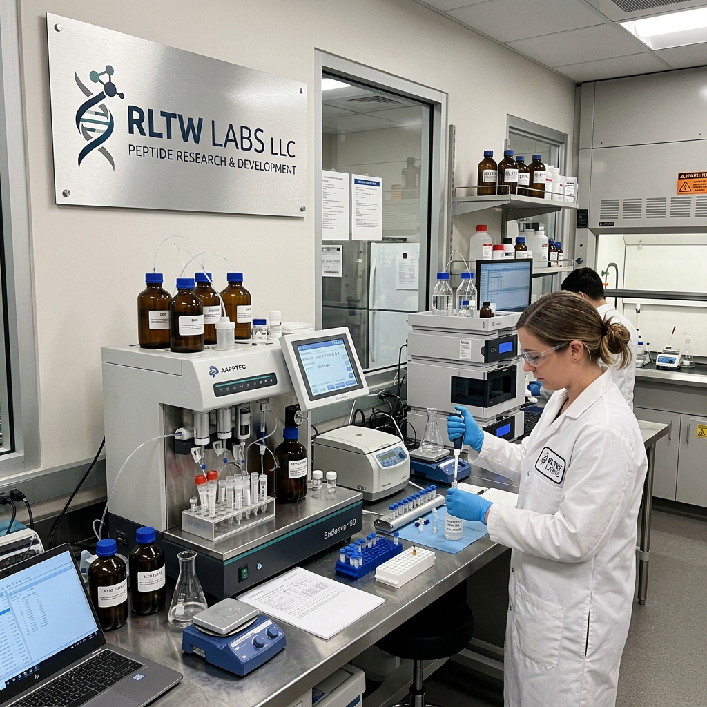 Two scientists in lab coats working with peptide research equipment and samples in a laboratory